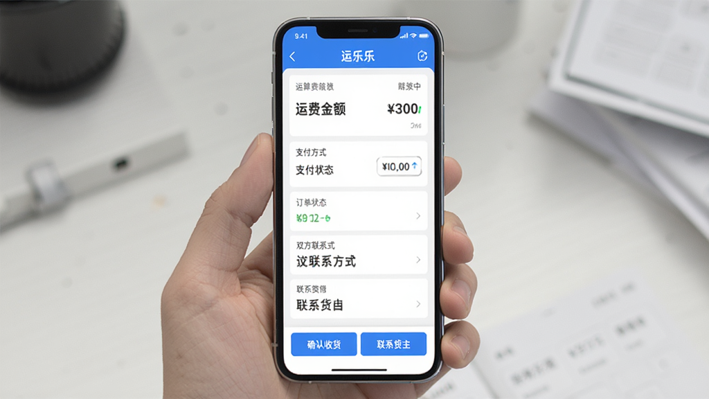 运乐乐货主运费结算与订单详情界面图,手机屏幕展示运乐乐货主软件订单详情页,包含运费金额、支付方式、订单状态、双方联系方式等模块,页面底部有确认收货与联系货主按钮,界面设计清爽,信息层级分明,画质清晰,无多余元素