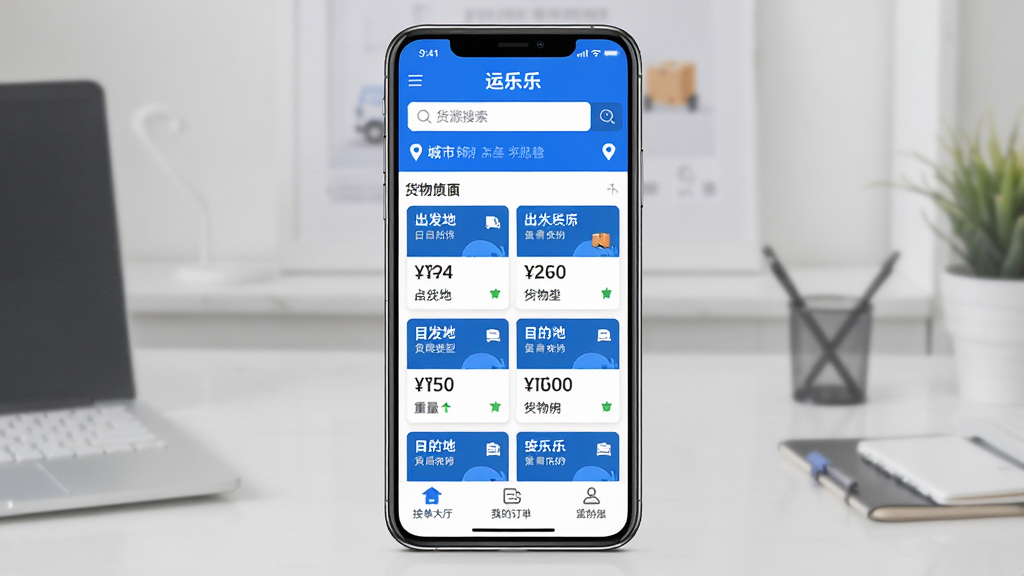 运乐乐货主APP主界面预览图,画面中央展示一部智能手机,屏幕内显示运乐乐货主软件首页,顶部有货源搜索框与城市定位,中部是整齐排列的货源卡片列表,每张卡片标注出发地目的地货物类型与重量,底部有接单大厅我的订单等导航按钮,整体布局清晰,蓝白配色为主,风格简洁商务,细节丰富,画质高清,干净无多余元素