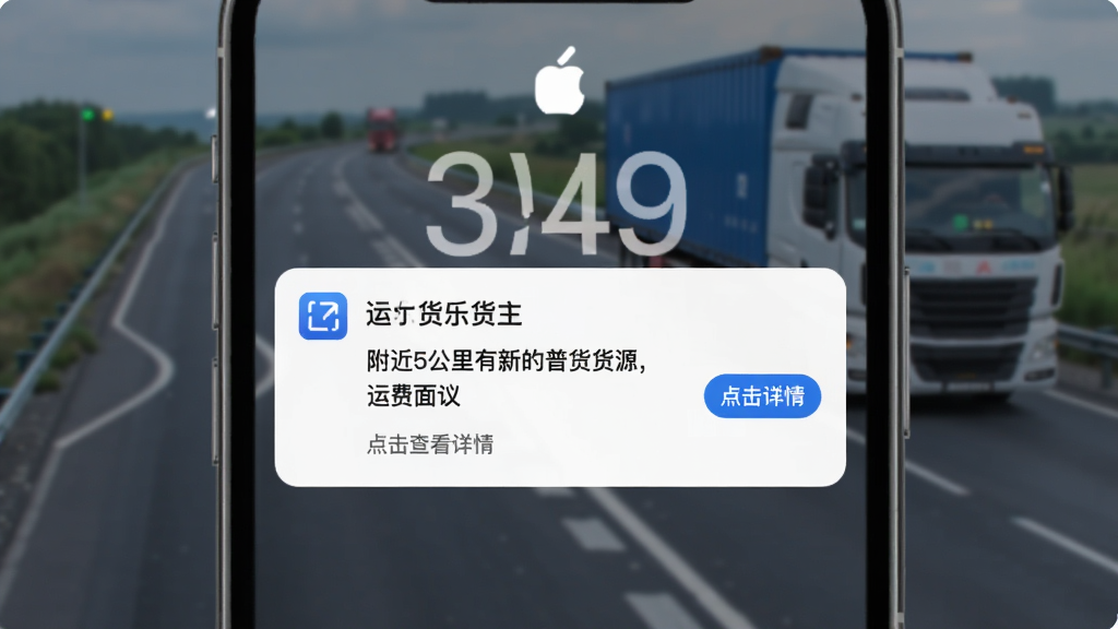 运乐乐货主智能推送通知界面示意图,画面展示一部手机锁屏界面弹出运乐乐货主的新货源通知横幅,通知内容显示附近5公里有新的普货货源,运费面议,点击查看详情,手机背景为模糊的公路与卡车元素,整体风格现代科技感,画质清晰,布局简洁,无杂乱元素