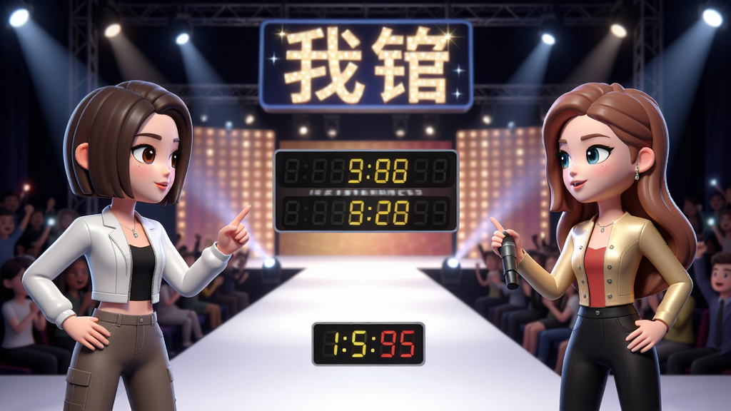 两位虚拟角色站在T台两端进行时尚对决,中间显示评分面板和倒计时,背景是华丽的舞台灯光和观众席,舞台上方悬挂闪耀的我发光字牌,风格为竞技比赛现场感,画质高清,干净无多余元素