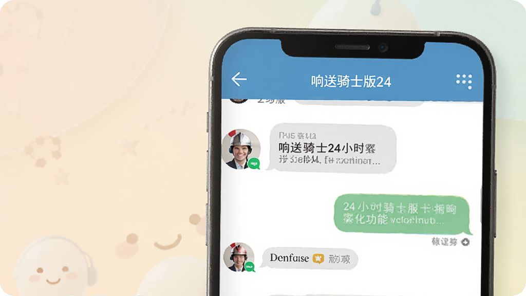 一张展示响送骑士版24小时在线客服功能的图片,画面中手机屏幕显示客服聊天界面,有客服头像和对话气泡,背景为柔和色调,风格亲切友好,画质清晰,干净无多余元素