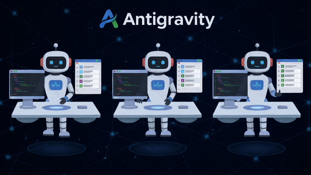 Antigravity 多智能体协作示意图,画面展示三个 AI 机器人形象分别站在三个悬浮工作台前,各自面前有代码窗口和任务列表,顶部有 Antigravity 品牌标识,背景为深蓝色科技网格,机器人风格简洁扁平,画面干净,高清画质