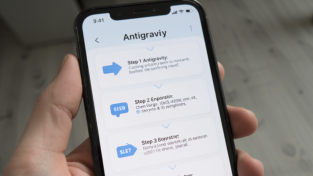 Antigravity 新手操作引导界面,画面展示手机屏幕中 Antigravity 应用的新手教程页面,有步骤指示箭头和文字说明,背景为浅色,风格清新简洁,高清画质,无多余元素