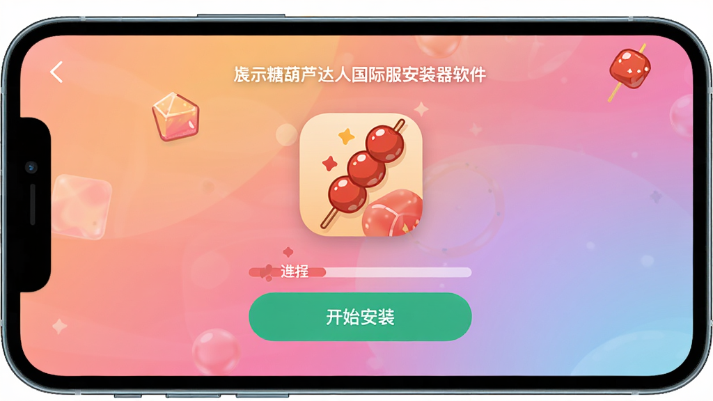 一张展示糖葫芦达人国际服安装器软件界面的图片,主体为手机屏幕中显示安装器主页面,布局为居中展示软件图标与开始安装按钮,排版简洁清晰,风格为现代扁平化设计,细节包括糖果色渐变背景、糖葫芦串图标、进度条元素,画质高清干净无多余元素