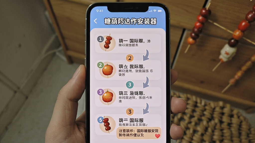 一张展示糖葫芦达人国际服安装器新手操作指引的图片,主体为手机屏幕中显示分步操作示意图,布局为纵向步骤条,排版直观,风格为友好教程风,细节包括数字序号、图标说明、箭头指引、注意事项文字框,画质清晰干净无多余元素