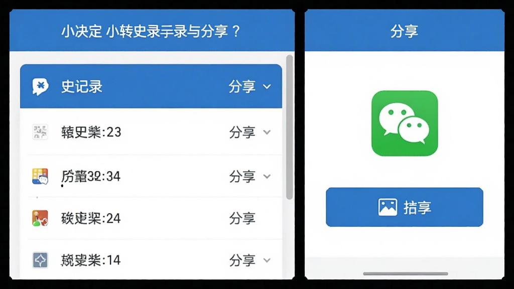 一张展示小决定小转盘历史记录与分享功能的图片,画面左侧是历史记录列表,右侧是分享面板,面板上有微信图标和保存图片按钮,界面风格清爽,以蓝色和白色为主,画质清晰,无多余装饰