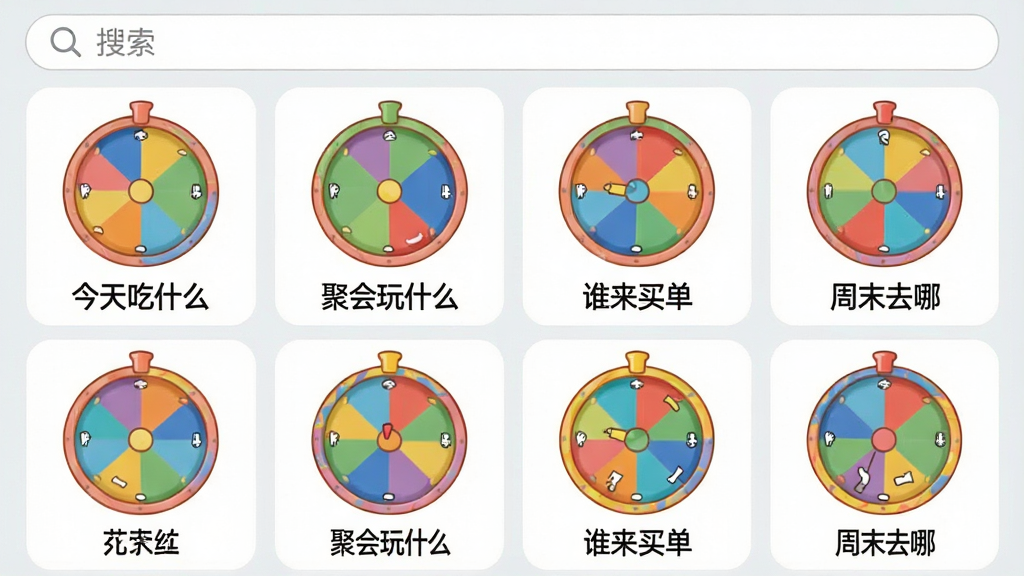一张展示小决定小转盘模板列表界面的图片,画面以网格形式排列多个彩色转盘图标,每个图标下方标注模板名称如“今天吃什么”“聚会玩什么”“谁来买单”“周末去哪”,界面顶部有搜索框,整体布局整齐,风格活泼明快,画质清晰,无杂乱元素