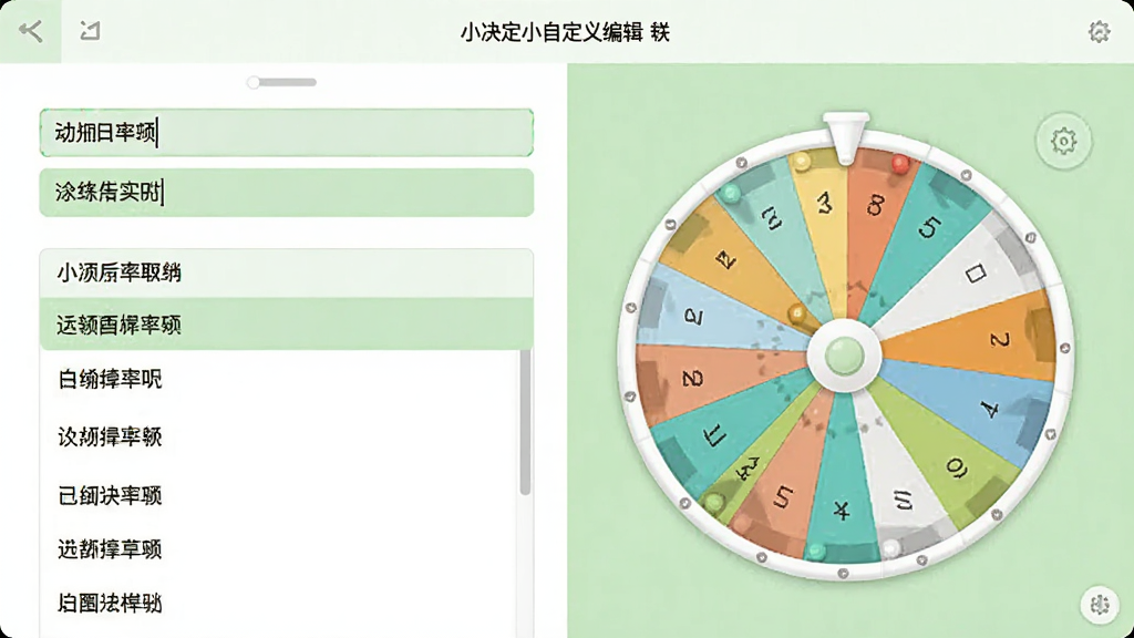 一张展示小决定小转盘自定义编辑界面的图片,画面中用户正在输入框内添加选项文字,下方列表显示已添加的多个选项,右侧有转盘实时预览图,转盘扇区随选项数量自动变化,界面以白色和浅绿色为主色调,风格简洁实用,画质干净,无多余装饰