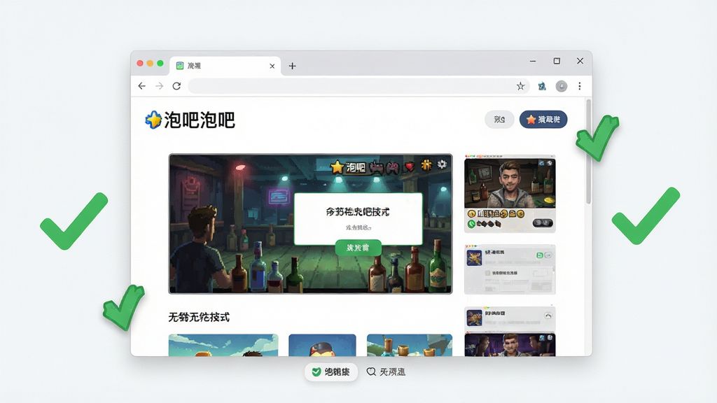 一张泡吧游戏浏览器无广告清爽界面展示图,画面展示浏览器窗口内游戏页面干净整洁,没有弹窗广告,周围有绿色对勾标记,风格清新,画质清晰,干净无多余元素