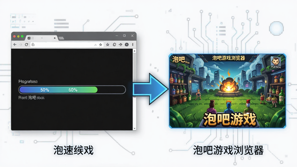 一张泡吧游戏浏览器游戏运行加速效果示意图,画面左侧显示普通浏览器加载缓慢的进度条,右侧显示泡吧游戏浏览器快速加载完成的游戏画面,中间有对比箭头,风格简洁科技感,画质清晰,干净无多余元素
