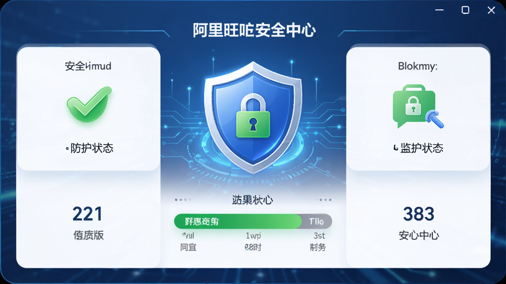 阿里旺旺 买家版 安全中心界面,主体为盾牌图标与防护状态,布局为居中卡片式,排版对称,风格为科技安全风格,细节包含绿色对勾与加密锁图标,画质高清,干净,无多余元素