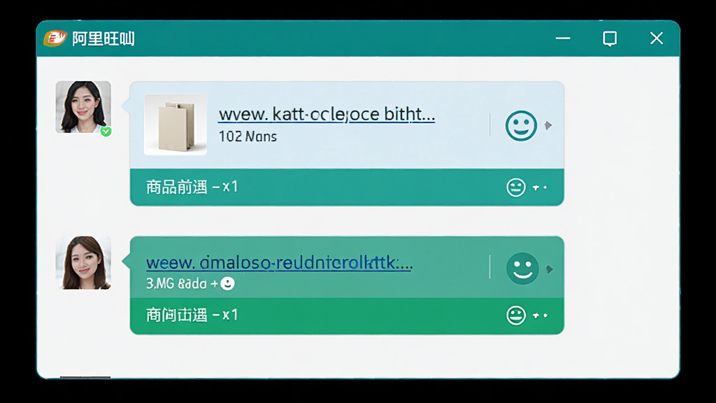 阿里旺旺 买家版 聊天窗口特写,主体为买卖双方对话界面,布局为上下消息气泡排列,排版简洁,风格为扁平化设计,细节包含商品链接卡片与表情图标,画质高清,干净,无多余元素