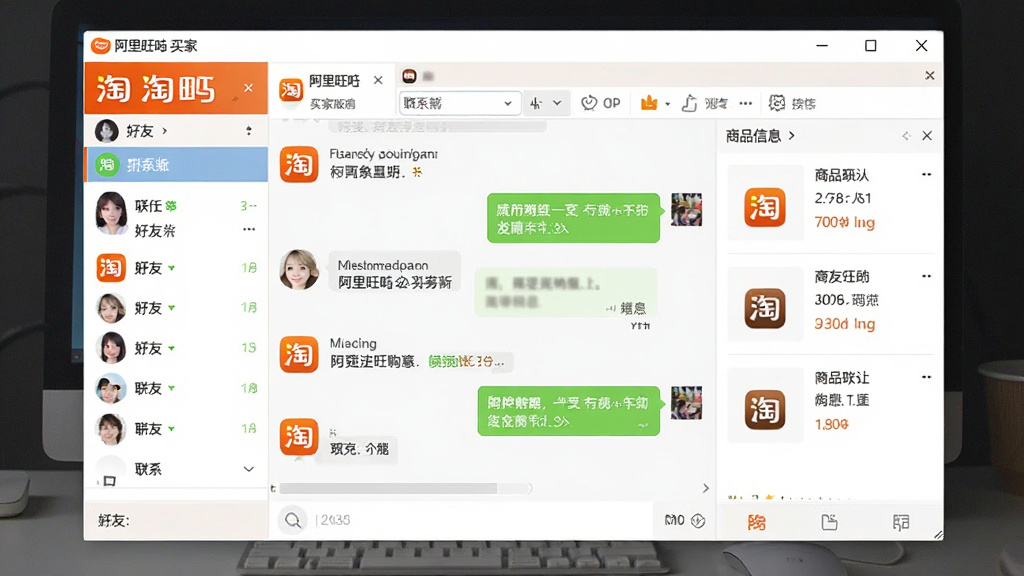 阿里旺旺 买家版 软件界面全貌展示,主体为电脑桌面上的聊天窗口与联系人列表,布局清晰,左侧为好友分组,中间为聊天区域,右侧为商品信息面板,排版整齐,风格为现代简约互联网软件风格,细节包含淘宝购物图标与消息气泡,画质高清,干净,无多余元素