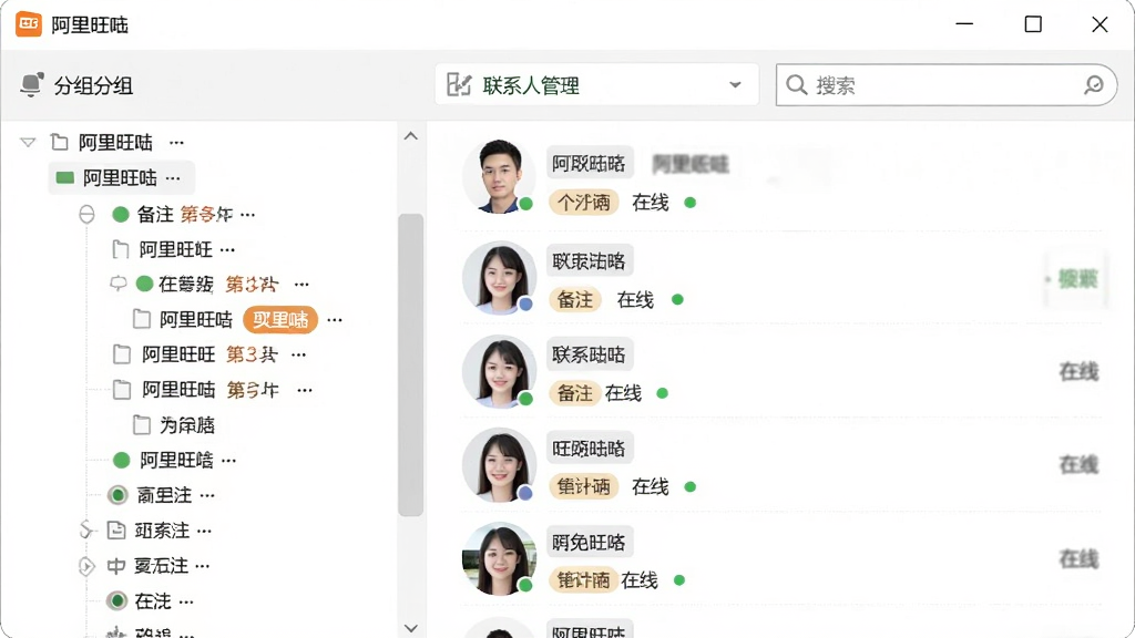 阿里旺旺 买家版 联系人管理界面,主体为分组列表与搜索框,布局为左侧树状分组,右侧联系人详情,排版规整,风格为商务简约,细节包含备注标签与在线状态圆点,画质高清,干净,无多余元素