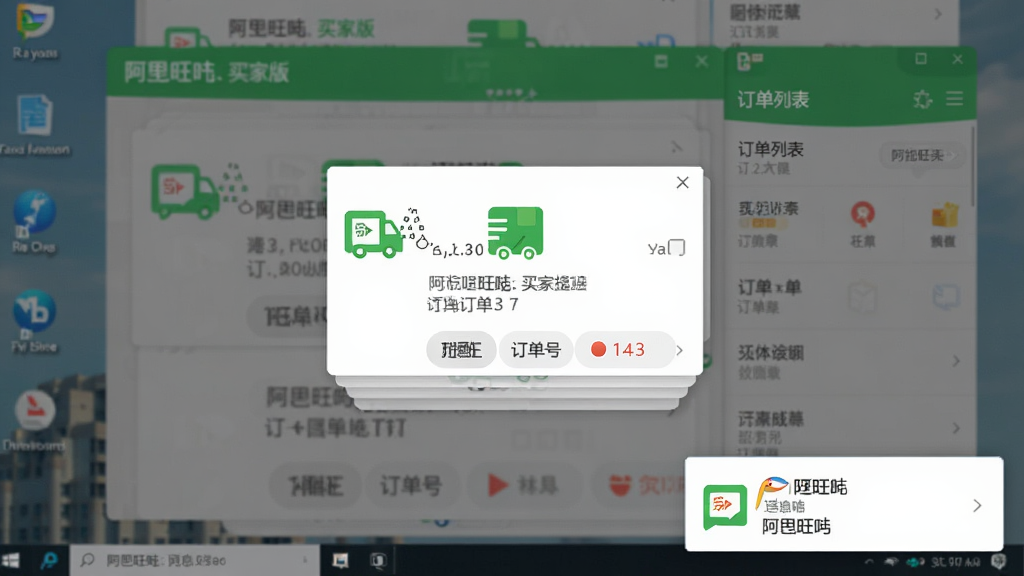 阿里旺旺 买家版 消息提醒弹窗与订单列表,主体为桌面右下角提醒窗口,布局为消息卡片叠加,排版清晰,风格为轻量级通知样式,细节包含物流图标与订单号,画质高清,干净,无多余元素