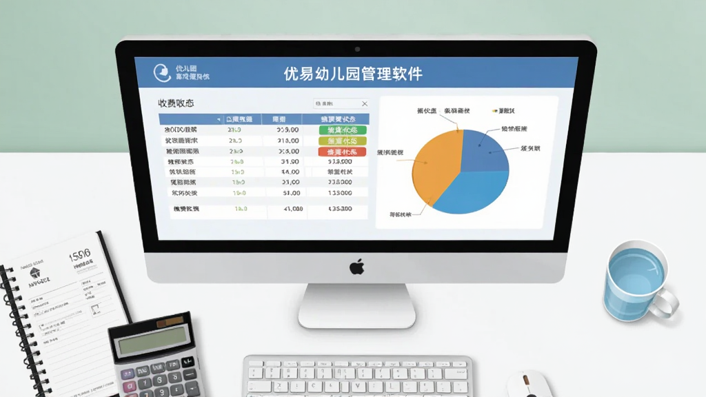 以“优易幼儿园管理软件”财务收费功能为主题的画面,主体是一张整洁的办公桌,桌上电脑屏幕显示收费账单表格和饼状统计图,旁边放着计算器、发票本和一杯水,布局采用俯视视角,风格为简约商务插画,细节上屏幕中金额数字和缴费状态标签清晰,画质干净,无多余元素