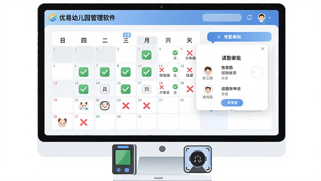 展示“优易幼儿园管理软件”考勤模块的界面截图风格插画,画面主体是一块大屏幕,屏幕上显示考勤日历、签到状态图标和请假审批弹窗,屏幕下方有刷卡机和人脸识别摄像头的小图标,布局为上下结构,风格为简洁科技感,细节上日历格子中有绿色对勾和红色叉号标记,画质清晰锐利,无杂乱背景