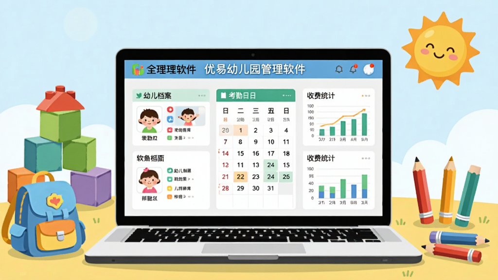 软件全貌展示图,画面中央是一台打开的笔记本电脑,屏幕上显示“优易幼儿园管理软件”的主界面,界面中包含幼儿档案卡片、考勤日历、收费统计图表等模块,电脑周围环绕着幼儿园场景元素如彩色积木、小书包、铅笔和卡通太阳,整体布局采用居中构图,风格为清新明亮的扁平化插画,细节上屏幕UI文字清晰可辨,画质干净无多余元素,适合软件下载站展示