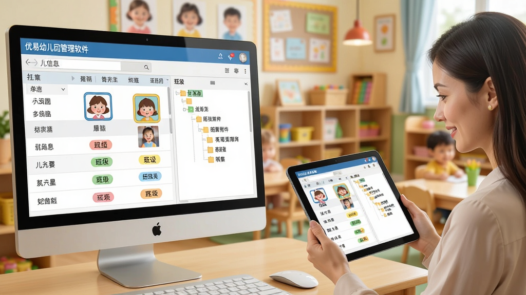 幼儿园老师正在使用“优易幼儿园管理软件”管理幼儿档案的场景,画面左侧是电脑屏幕显示幼儿信息列表和班级树状图,右侧是老师手持平板查看同一数据,背景是温馨的幼儿园教室,布局采用左右分屏对比,风格为写实卡通融合,细节上屏幕中的姓名、照片、班级标签清晰可见,画质明亮干净,无多余装饰元素