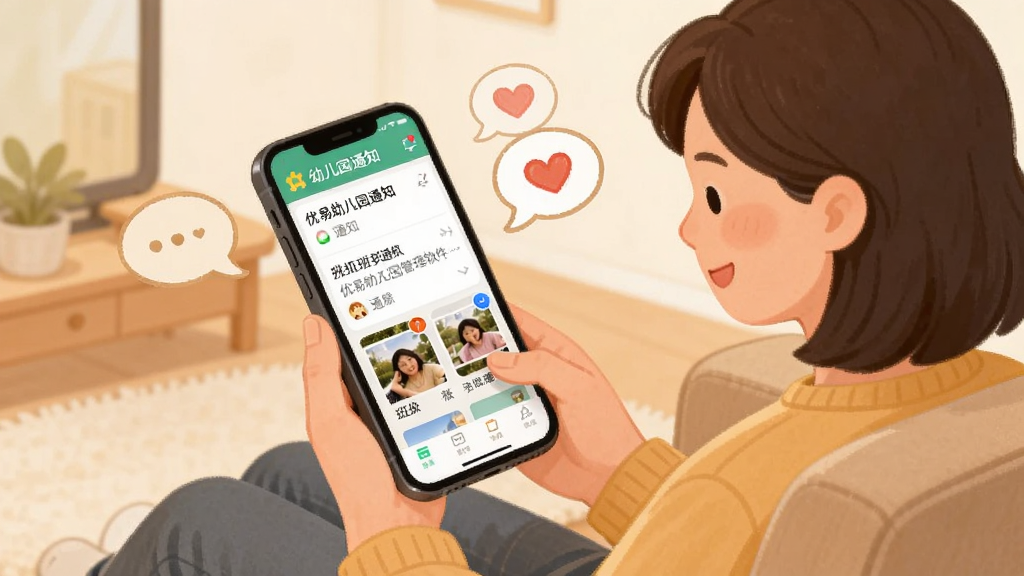 描绘“优易幼儿园管理软件”家校互动功能的场景,画面中一位家长坐在沙发上用手机查看幼儿园通知,手机屏幕显示通知列表和班级相册,旁边有对话气泡和爱心图标,布局为对角线构图,风格为温暖生活化插画,细节上手机界面中的文字和图片缩略图可辨认,画质柔和清晰,无多余背景干扰