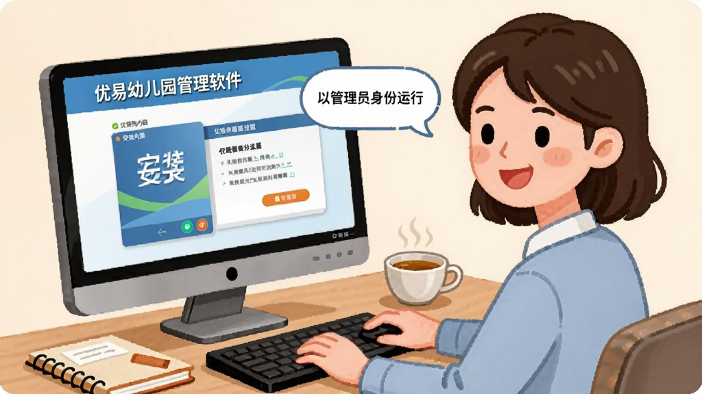一位年轻老师坐在电脑前,面带微笑地操作“优易幼儿园管理软件”,屏幕上显示安装向导和权限设置界面,旁边有提示气泡写着“以管理员身份运行”,画面风格为亲切的教学插画,布局为半身近景,细节上电脑旁放着笔记本和茶杯,画质干净明亮,无多余元素