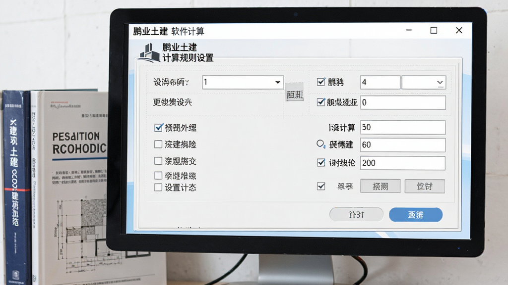 一张展示“鹏业土建”软件计算规则设置界面的图片,画面中电脑屏幕上显示着规则参数设置面板,面板中有下拉菜单、勾选框和数值输入框,旁边有建筑规范书籍作为背景元素,布局上以设置面板为中心,风格为专业工具类界面,细节上突出选项文字与按钮,画质清晰,干净无多余元素。