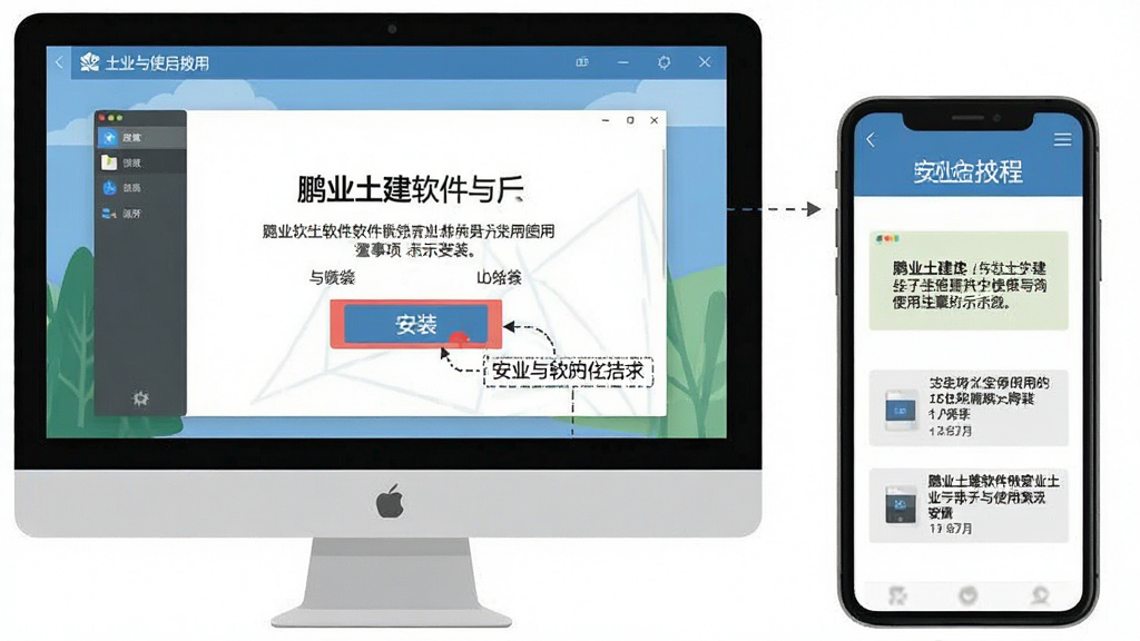 一张展示“鹏业土建”软件安装与使用注意事项的示意图,画面主体为电脑屏幕和旁边的手机,屏幕上显示软件安装界面,手机上显示教程页面,布局上左右对比,风格为扁平化信息图,细节上突出安装按钮和提示文字,画质清晰,干净无多余元素。