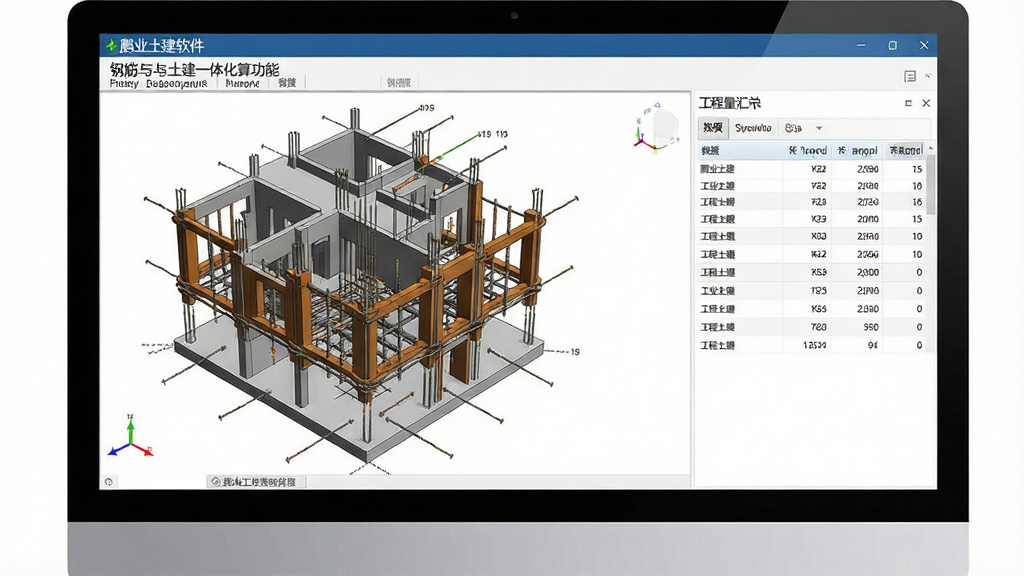 一张展示“鹏业土建”软件中钢筋与土建一体化算量功能的界面截图风格图片,画面主体为电脑屏幕,屏幕内显示建筑结构的三维模型与钢筋布置细节,旁边有工程量汇总面板,布局上采用左右分栏,左侧为三维模型视图,右侧为数据列表,风格为现代软件界面设计,细节上突出钢筋线条与土建构件的对应关系,画质清晰,干净无多余元素。
