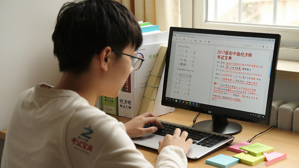 一位年轻考生坐在书桌前使用