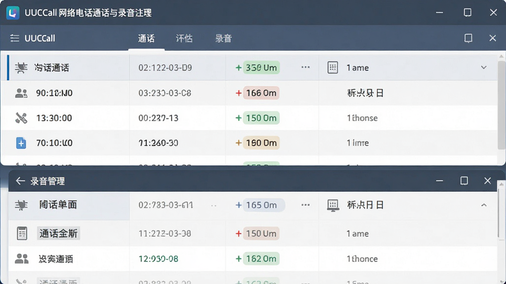UUCall网络电话通话记录与录音管理界面,画面展示通话列表与录音文件列表,布局为上下结构,风格为扁平化商务风,细节包含时间戳与时长标签,画质高清,干净,无多余元素
