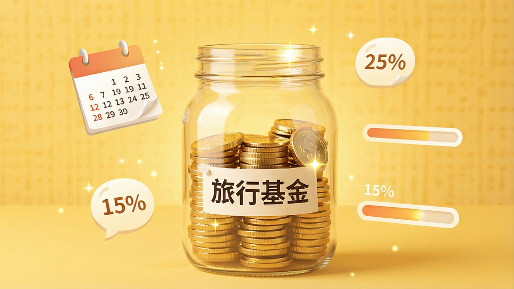 一张展示存钱罐软件储蓄目标功能的图片,画面中央是一个透明的玻璃罐,罐内金币堆叠到一半高度,罐身贴有“旅行基金”标签,周围漂浮着日历、百分比数字和进度条,背景为暖黄色调,布局为居中构图,风格温馨励志,细节包含金币反光效果,画质清晰,干净,无多余元素