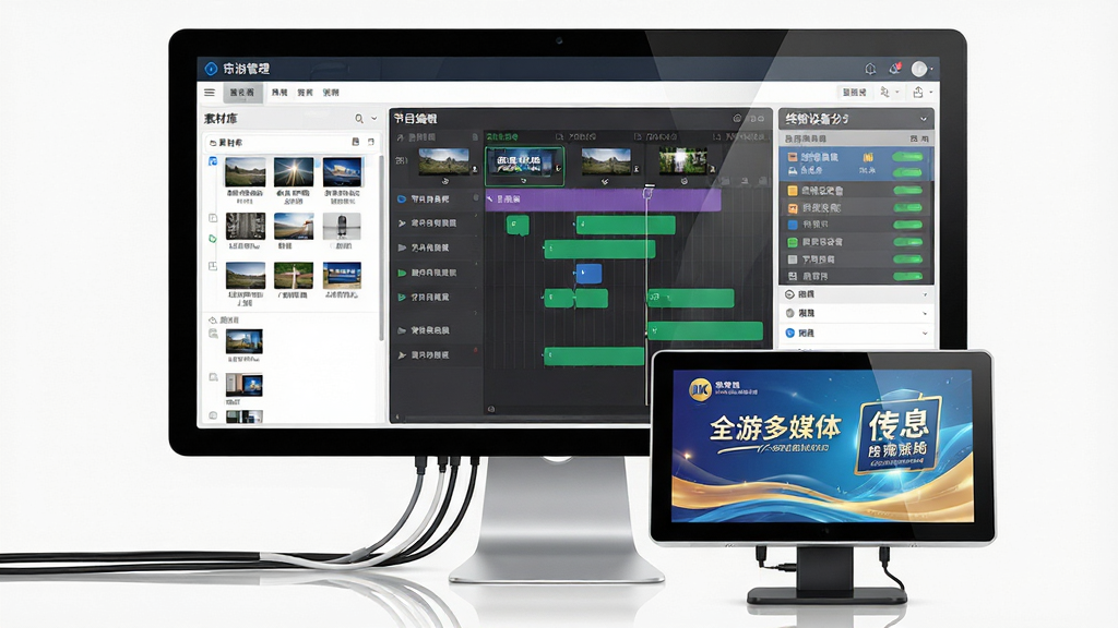 一张展示数游多媒体信息发布系统软件界面的全景图,画面主体为电脑屏幕上显示的多媒体内容管理后台,左侧是素材库列表,中间是节目编排时间轴,右侧是终端设备分组状态面板,屏幕前方摆放着一台小型数字标牌显示器正在播放宣传海报,整体布局采用左右分栏的信息架构,排版清晰有序,风格为现代科技商务风,细节包括屏幕反光、UI图标精致、线缆连接自然,画质为4K高清,画面干净无多余元素