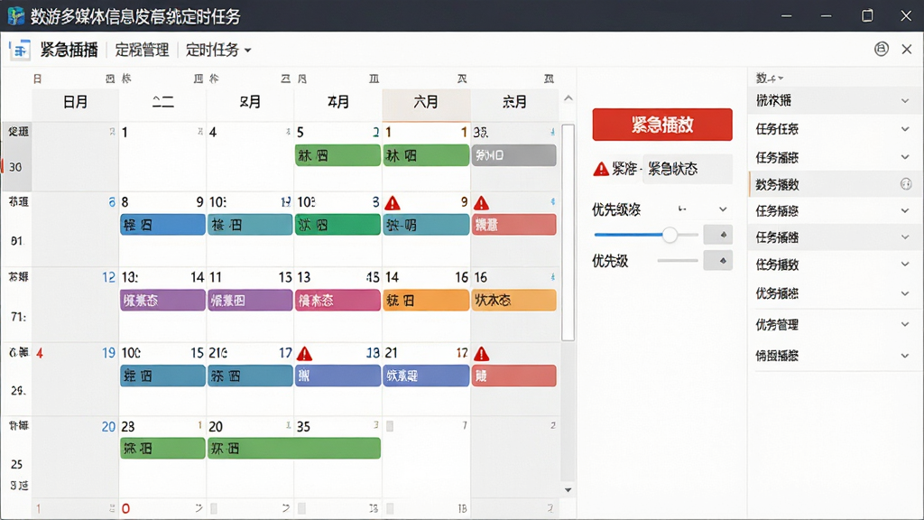 一张展示数游多媒体信息发布系统定时任务与紧急插播设置界面的图片,画面主体为软件日程管理窗口,日历视图上标注着不同颜色的时间段任务条,旁边有紧急插播按钮和优先级设置滑块,布局采用日历加侧边栏参数面板的形式,风格为办公管理软件风格,细节包括时间刻度、任务状态标签、红色警示图标,画质为高清,画面干净无多余元素