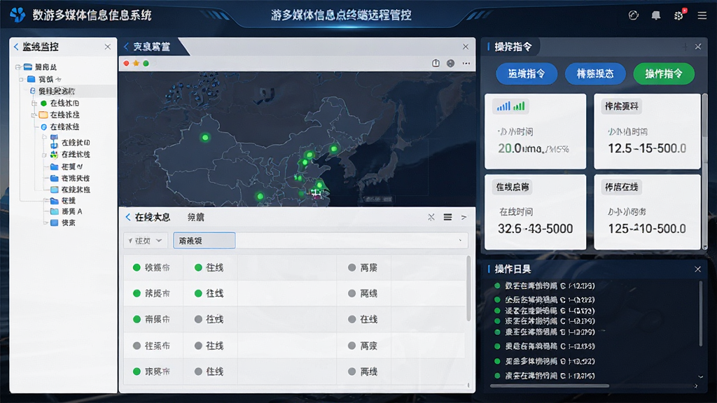 一张展示数游多媒体信息发布系统终端远程管控界面的图片,画面主体为软件监控面板,面板上以地图或列表形式展示多个终端设备的在线状态,每个终端旁有绿色在线圆点或灰色离线标记,右侧有远程指令按钮区域,布局采用左侧树形分组、右侧状态卡片的组合方式,风格为现代监控大屏风格,细节包括信号强度图标、最后在线时间戳、操作日志滚动条,画质为高清,画面干净无多余元素