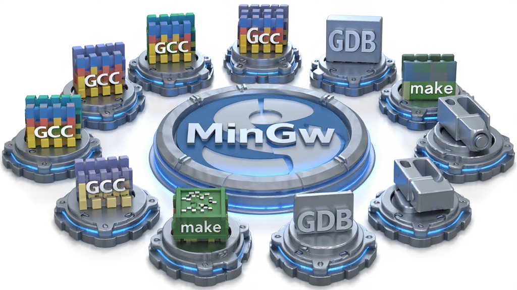 MinGW工具链组件展示图,主体为多个立体图标排列,分别代表GCC、GDB、make、Binutils等工具,布局为环形围绕中心MinGW标志,排版整齐,风格为3D渲染科技风,细节包括金属质感、柔和阴影、蓝色光效,画质高清,干净,无多余元素