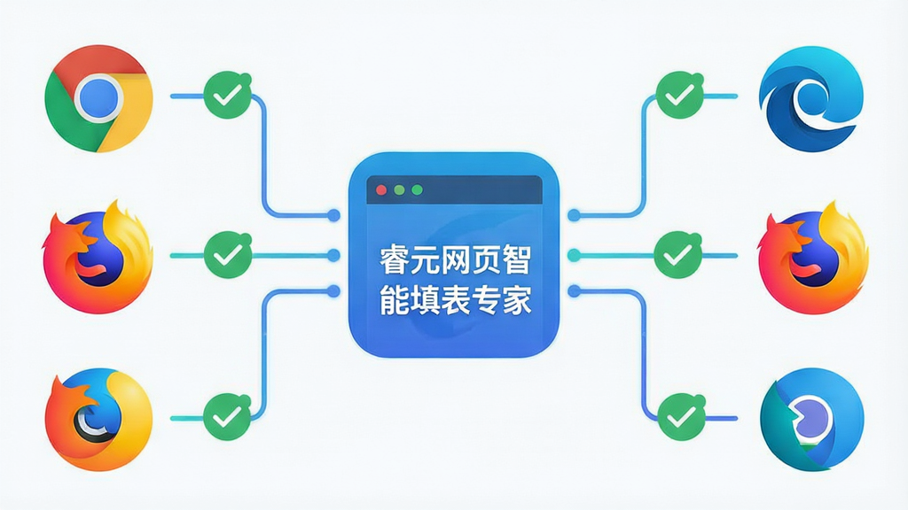 生成一张浏览器兼容性示意图,主体为“睿元网页智能填表专家”图标与多个浏览器Logo并列,布局为横向排列,排版居中,风格为科技感扁平设计,细节包含Chrome、Edge、Firefox图标、连接线、兼容性对勾标记,画质高清,干净,无多余元素