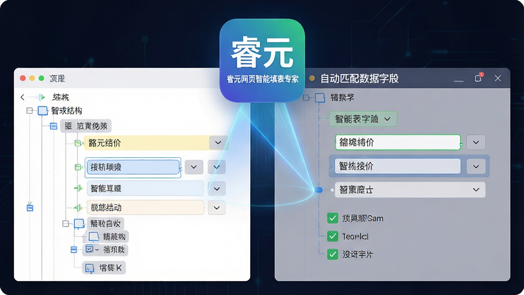 生成一张展示智能识别引擎工作状态的示意图,主体为“睿元网页智能填表专家”软件图标与扫描光束,布局为左右分栏,左侧显示网页表单结构树,右侧显示自动匹配的数据字段,排版采用信息图表风格,细节包含高亮标记的输入框、下拉菜单图标、复选框勾选状态,画质高清,干净,无多余元素