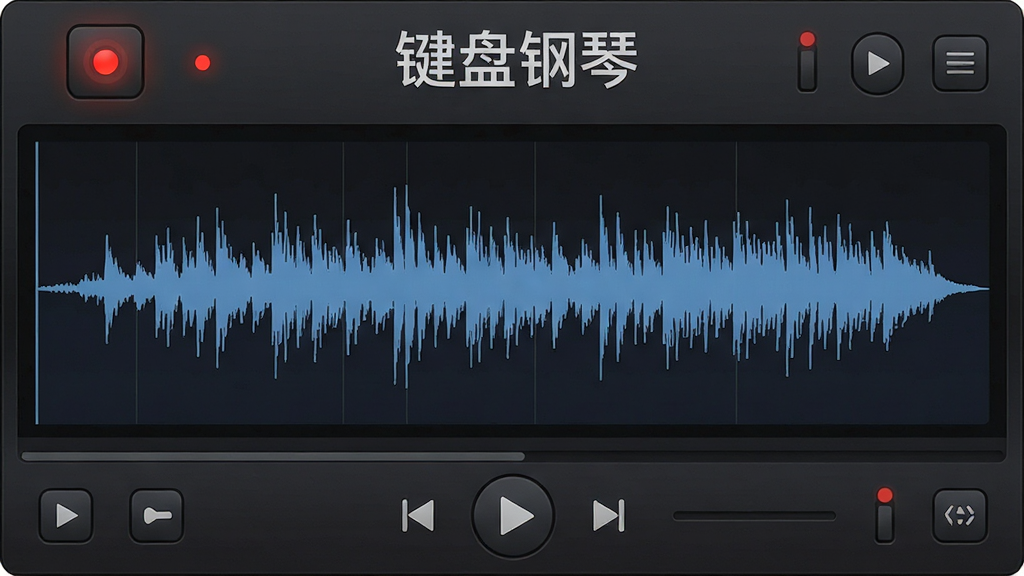 一张展示键盘钢琴软件录音与回放功能的示意图,主体为录音控制面板和波形显示区域,布局为上方录音按钮、中部音频波形图、下方播放控制条,排版层次分明,风格为专业音频软件界面,细节包括红色录音指示灯和动态波形效果,画质精细、干净、无多余元素。画面中显示文字“键盘钢琴”