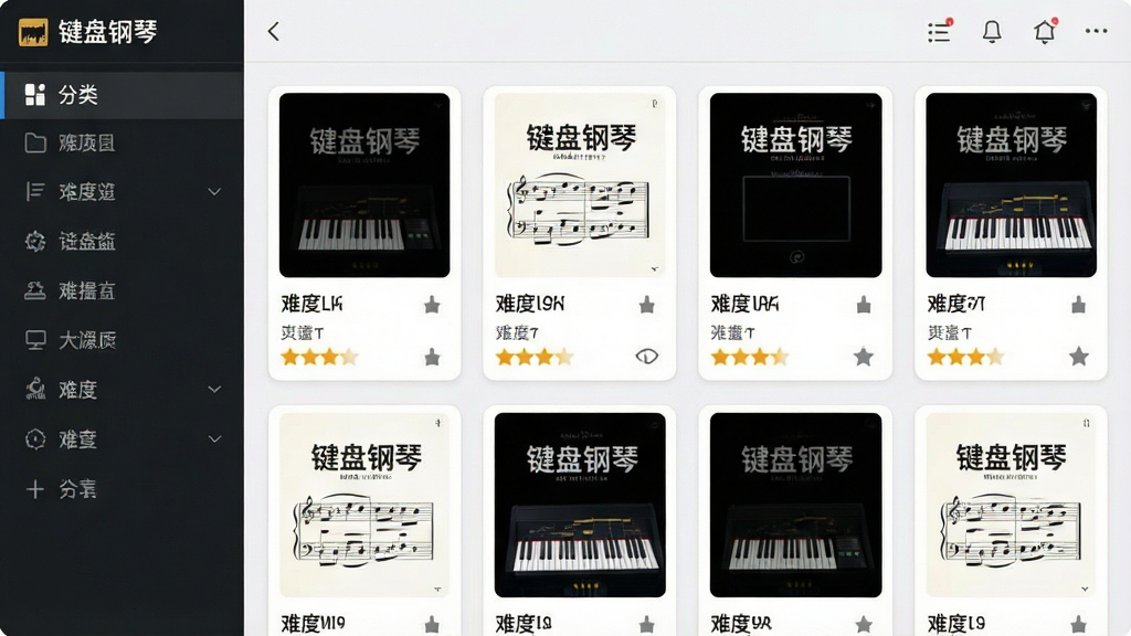 一张展示键盘钢琴软件曲谱选择界面的图片,主体为曲谱列表和预览区域,布局为左侧分类导航、右侧曲谱卡片排列,排版整齐有序,风格为清新明快的应用界面,细节包括曲谱封面缩略图和难度星级标识,画质清晰、干净、无多余元素。画面中显示文字“键盘钢琴”