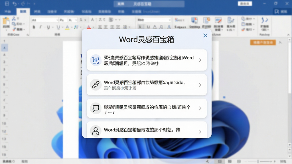 一张展示Word灵感百宝箱写作灵感推送功能的界面截图,主体是Word文档编辑界面,屏幕中央弹出一个灵感推荐浮窗,浮窗内展示多条写作建议和句式范例,布局为浮窗居中、文档背景虚化,排版采用卡片式列表,风格为清新简约的办公软件风格,细节包括浮窗圆角、阴影柔和、文字清晰可读、图标简洁,画质高清、干净、无多余元素,图片中文字标注“Word灵感百宝箱”