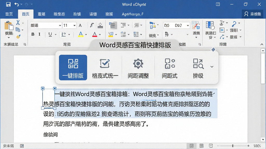 一张展示Word灵感百宝箱快捷排版功能的操作界面,主体是Word文档中选中一段文字后弹出的排版工具条,工具条上显示一键排版、格式统一、间距调整等按钮,布局为工具条悬浮于文档上方,排版紧凑合理,风格为现代办公软件风格,细节包括按钮图标清晰、文字标注明确、配色协调,画质高清、干净、无多余元素,图片中文字标注“Word灵感百宝箱”