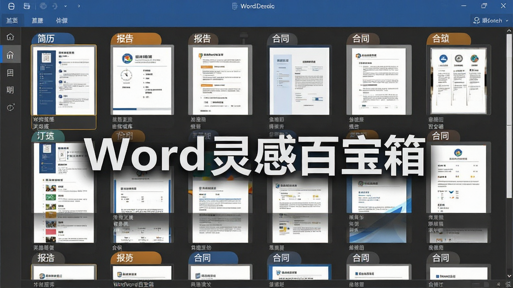 一张展示Word灵感百宝箱模板库功能的界面图,主体是软件内置的模板选择面板,面板中排列着多种文档模板缩略图,包括简历、报告、合同等分类标签,布局为网格状排列,排版整齐有序,风格为扁平化设计风格,细节包括缩略图清晰、分类标签醒目、滚动条自然,画质高清、干净、无多余元素,图片中文字标注“Word灵感百宝箱”