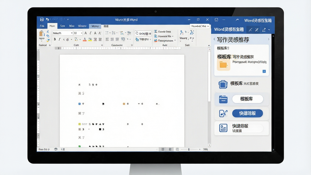 一张展示Word灵感百宝箱软件界面的全景图,主体是电脑屏幕上打开的Microsoft Word文档窗口,窗口右侧嵌入Word灵感百宝箱的功能面板,面板中显示写作灵感推荐、模板库、快捷排版按钮等模块,布局清晰整洁,排版采用左右结构,左侧为文档编辑区,右侧为百宝箱工具栏,风格为现代办公软件界面风格,细节包括图标精致、文字清晰、按钮圆润、配色以蓝白为主,画质高清、干净、无多余元素,图片中文字标注“Word灵感百宝箱”