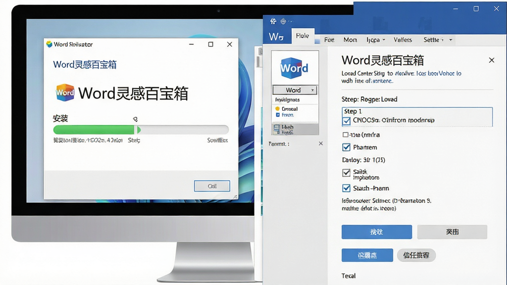 一张展示Word灵感百宝箱安装与设置界面的示意图,主体是电脑屏幕上的软件安装向导窗口和Word加载项设置界面,布局为左右分屏,左侧为安装进度条,右侧为Word信任中心设置面板,排版清晰,风格为简洁教程风格,细节包括步骤编号、勾选框、按钮提示,画质高清、干净、无多余元素,图片中文字标注“Word灵感百宝箱”