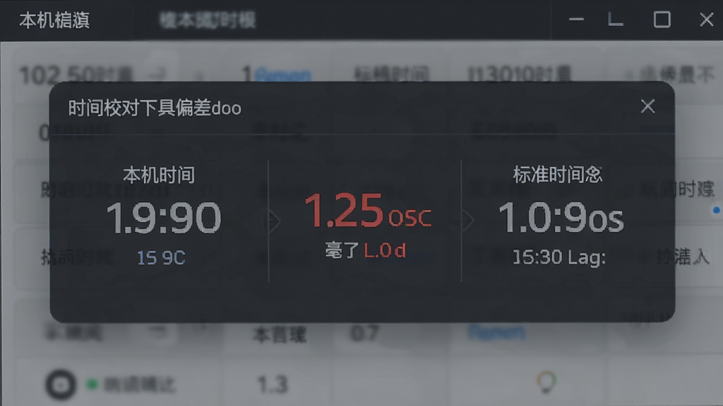 一张软件界面局部特写图,画面中央显示时间校对工具的时间偏差对比面板,左边是本机时间,右边是标准时间,中间用红色数字显示毫秒级偏差值,界面风格简洁专业,背景为深色半透明,画质高清,干净无多余元素