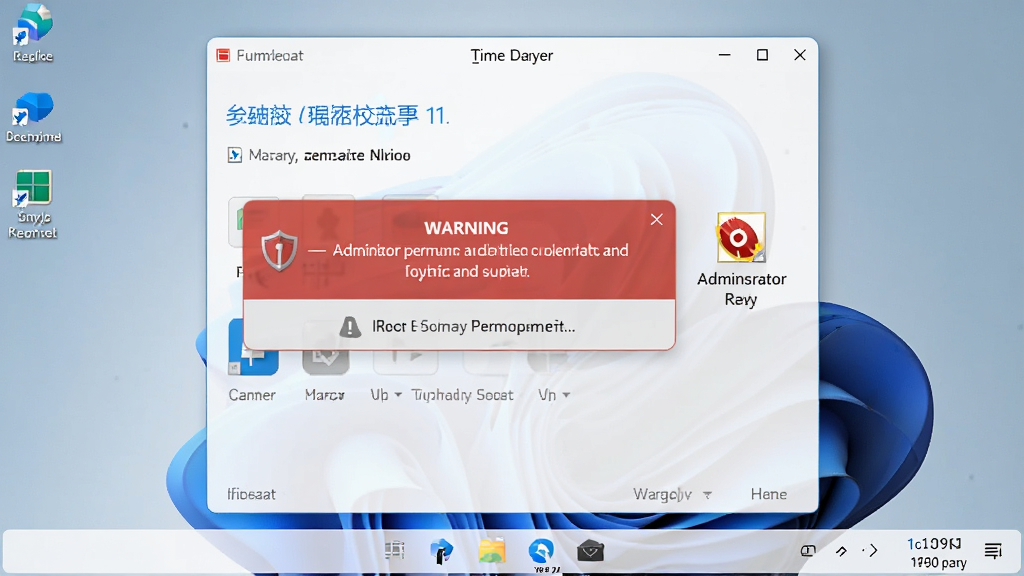 一张电脑屏幕截图,画面显示时间校对工具软件运行在Windows 11系统上,界面中有一个红色的警告提示框,旁边有管理员权限运行的图标,背景是干净的桌面,风格写实,细节清晰,画质高清,干净无多余元素
