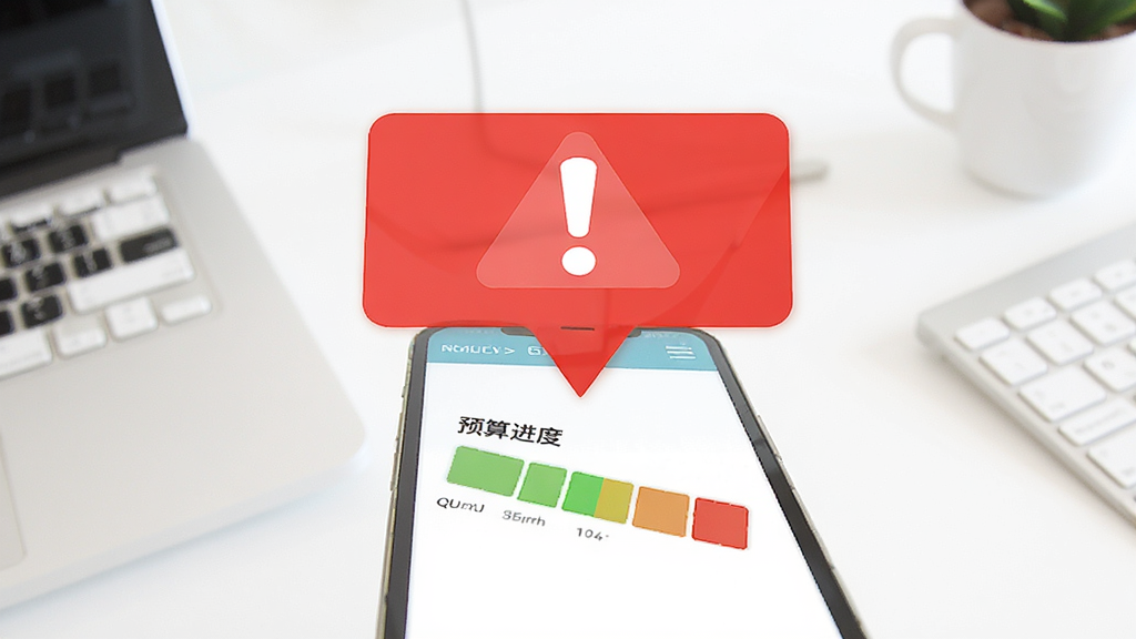 一张展示存钱罐软件预算预警功能的图片,画面中有一个醒目的红色警示气泡从手机屏幕上方弹出,屏幕内显示预算进度条已接近满格,背景是简洁的白色办公桌面,风格扁平化设计,色彩对比鲜明,画质干净,无多余元素。