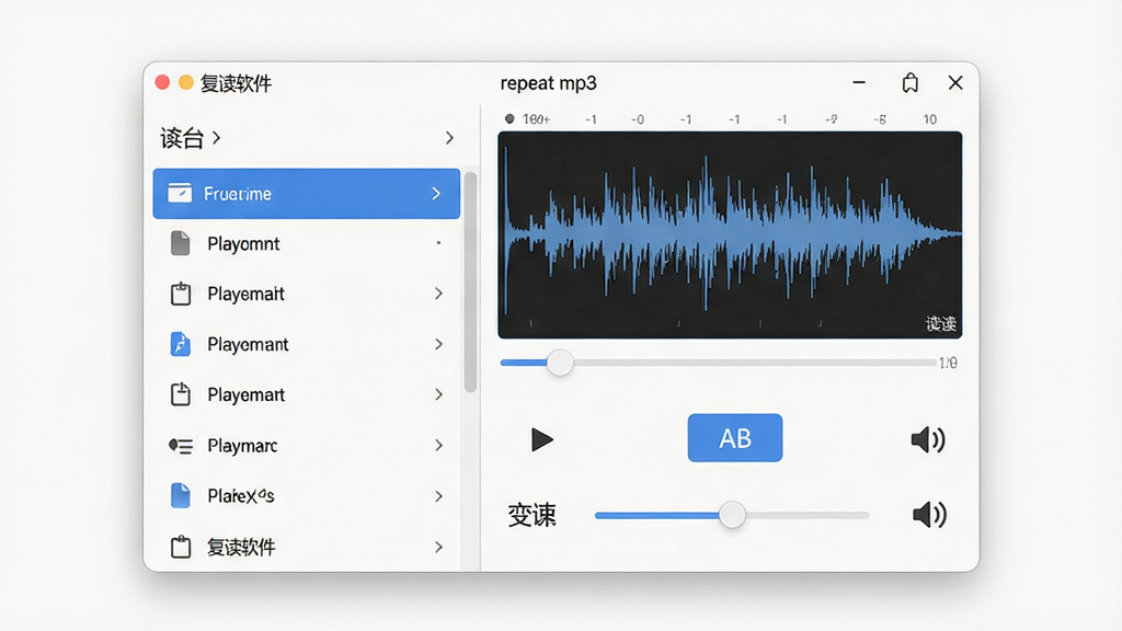 一张展示“复读软件 repeat mp3”主界面的软件预览图,主体为软件窗口居中放置,布局采用左右分栏结构,左侧为播放列表与文件导入区,右侧为波形显示与复读控制面板,排版简洁清晰,风格为现代简约科技风,细节包含播放进度条、AB复读按钮、变速滑块、音量调节图标,画质高清,干净,无多余元素。