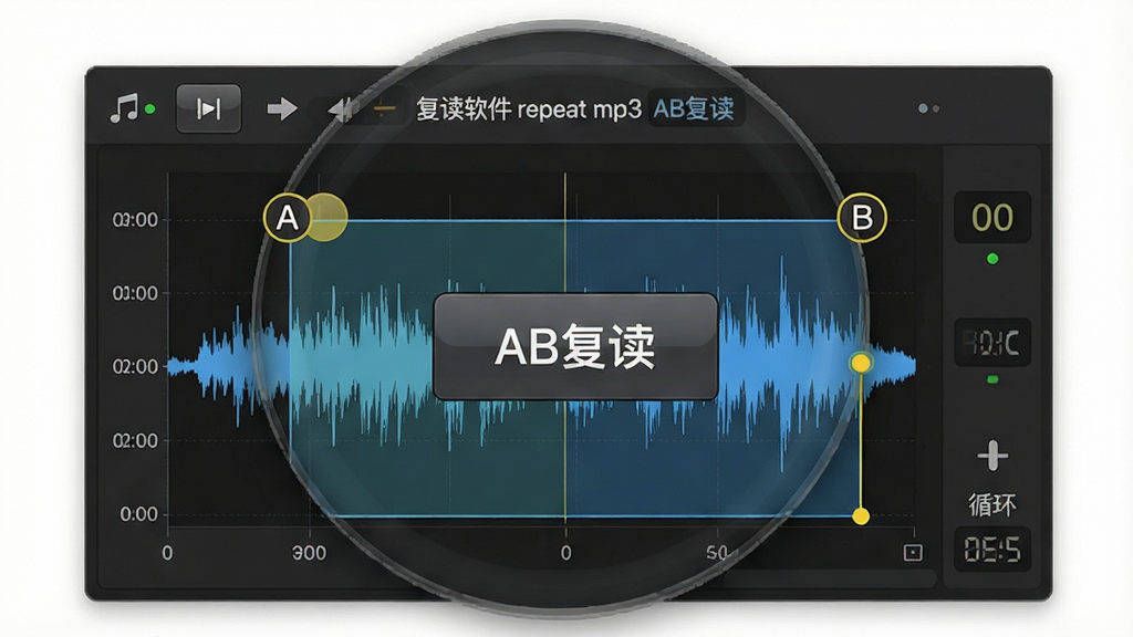 一张展示“复读软件 repeat mp3”AB复读功能特写的界面截图,主体为软件操作面板放大显示,布局以AB复读按钮和波形选区为核心,排版突出A点与B点标记线,风格为专业音频工具风格,细节包含波形图上的高亮选区、时间刻度、循环次数计数器,画质高清,干净,无多余元素。