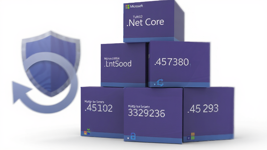 一张展示 Microsoft .NET Core 多版本共存与安全更新概念的图片,画面中央是堆叠整齐的紫色软件盒子,每个盒子上标注不同版本数字,旁边有盾牌图标与刷新箭头,背景为白色简洁风格,布局整齐,细节清晰,画质高清,干净,无多余元素